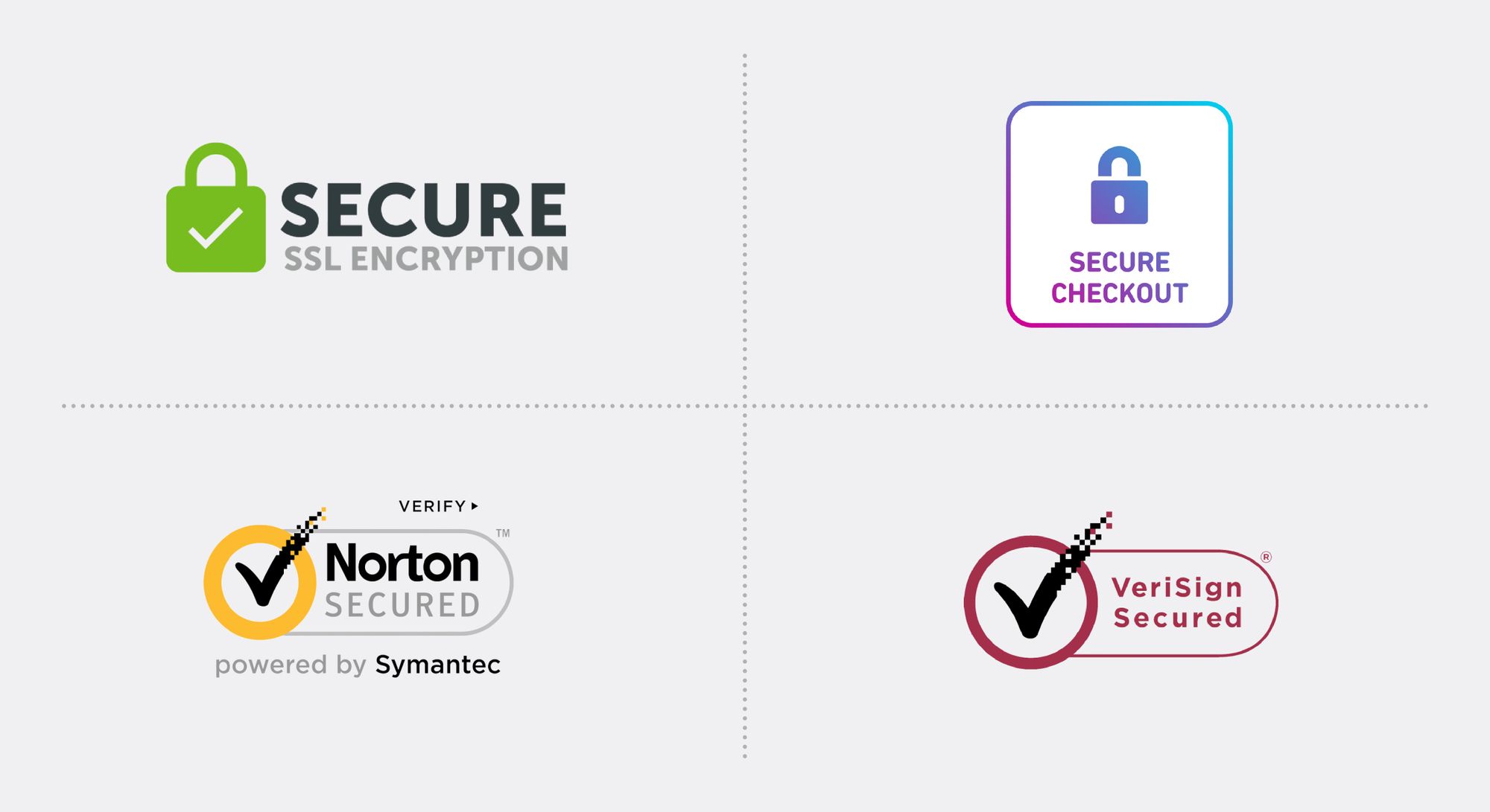Examples of safe checkout trust badges: Secure SSL Encryption, Secure Checkout, Norton Secure, VeriSign Secured
