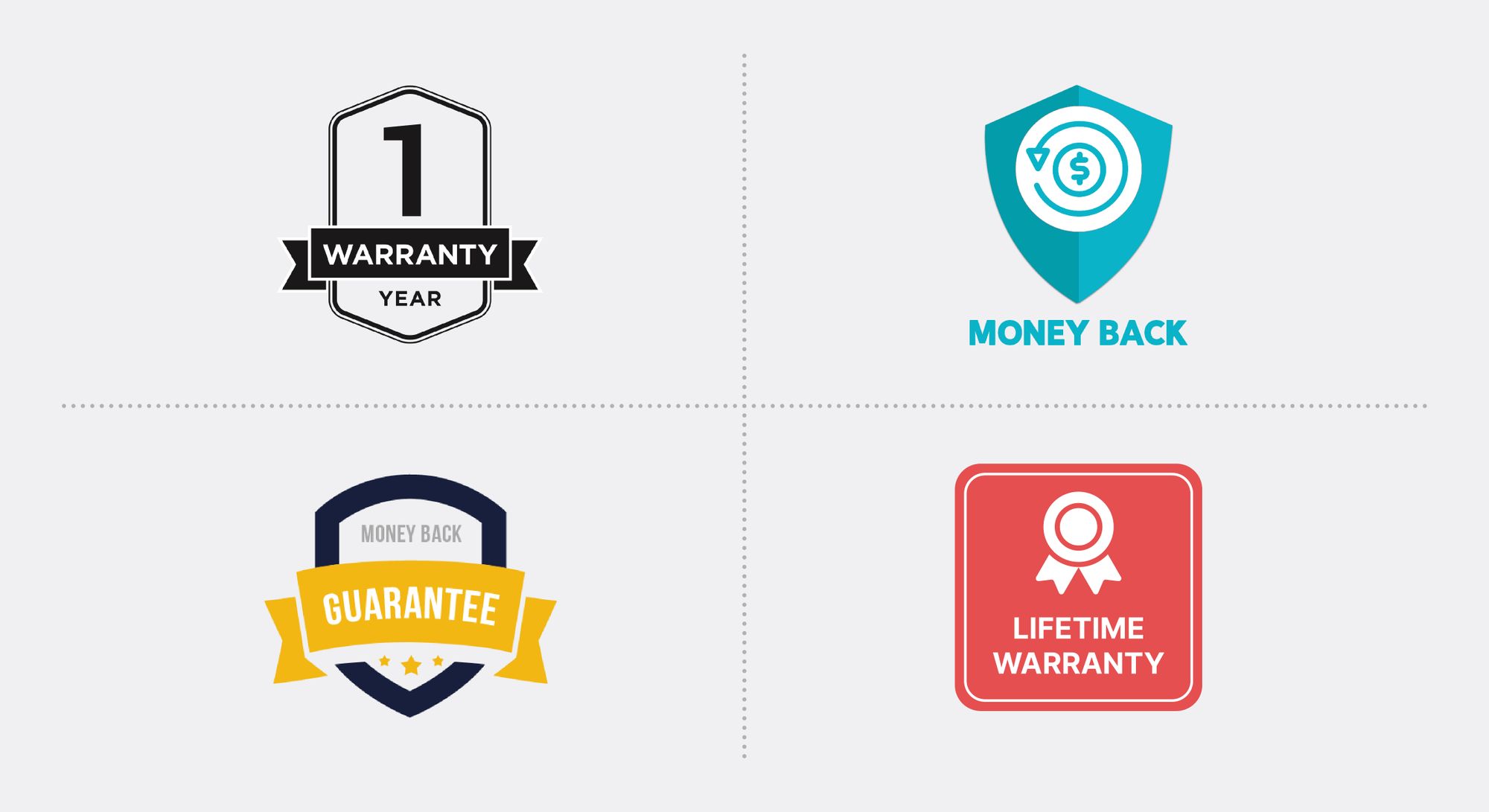Example of guarantee/warranty trust badges: 1-year warranty, money back, money back guarantee, lifetime warranty