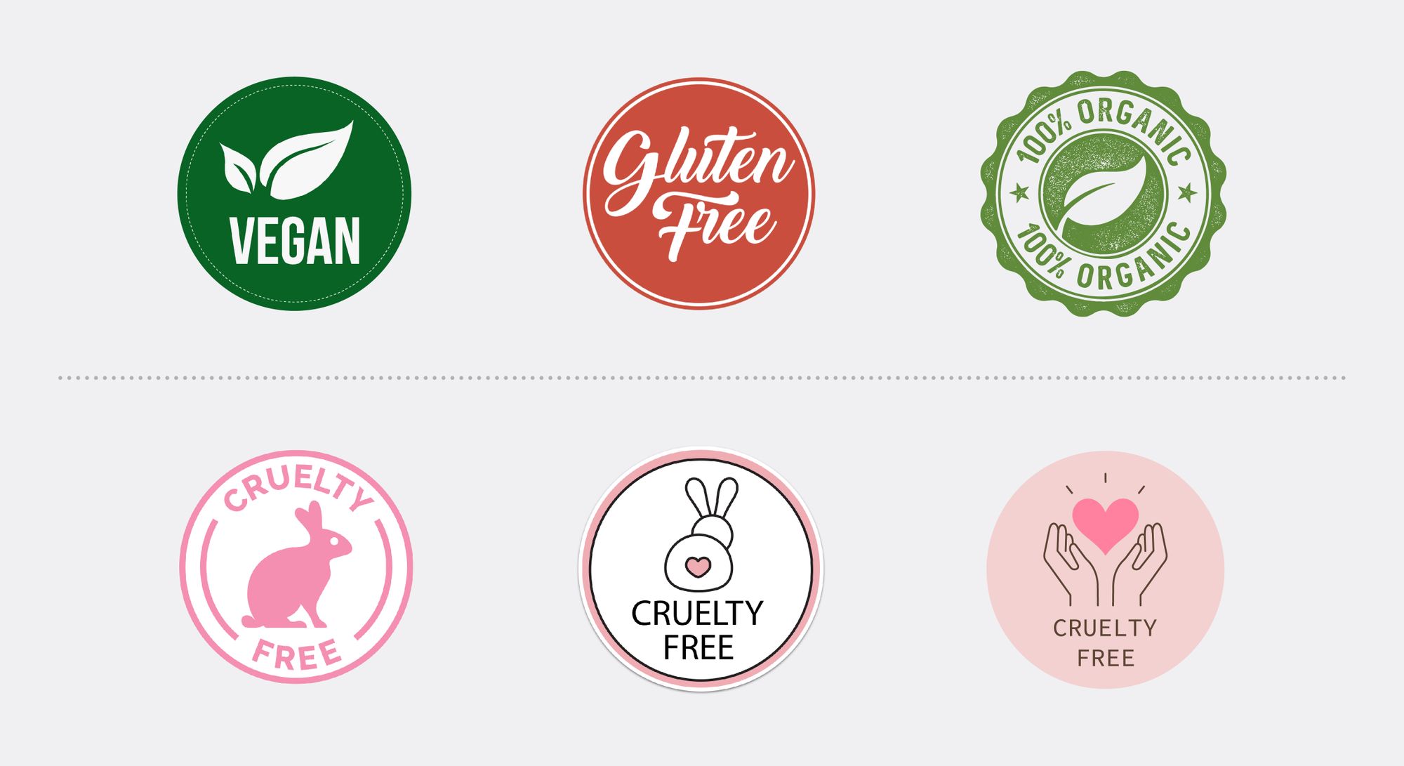 Examples of category-specific trust badges: Vegan, gluten-free, 100% organic, cruelty-free
