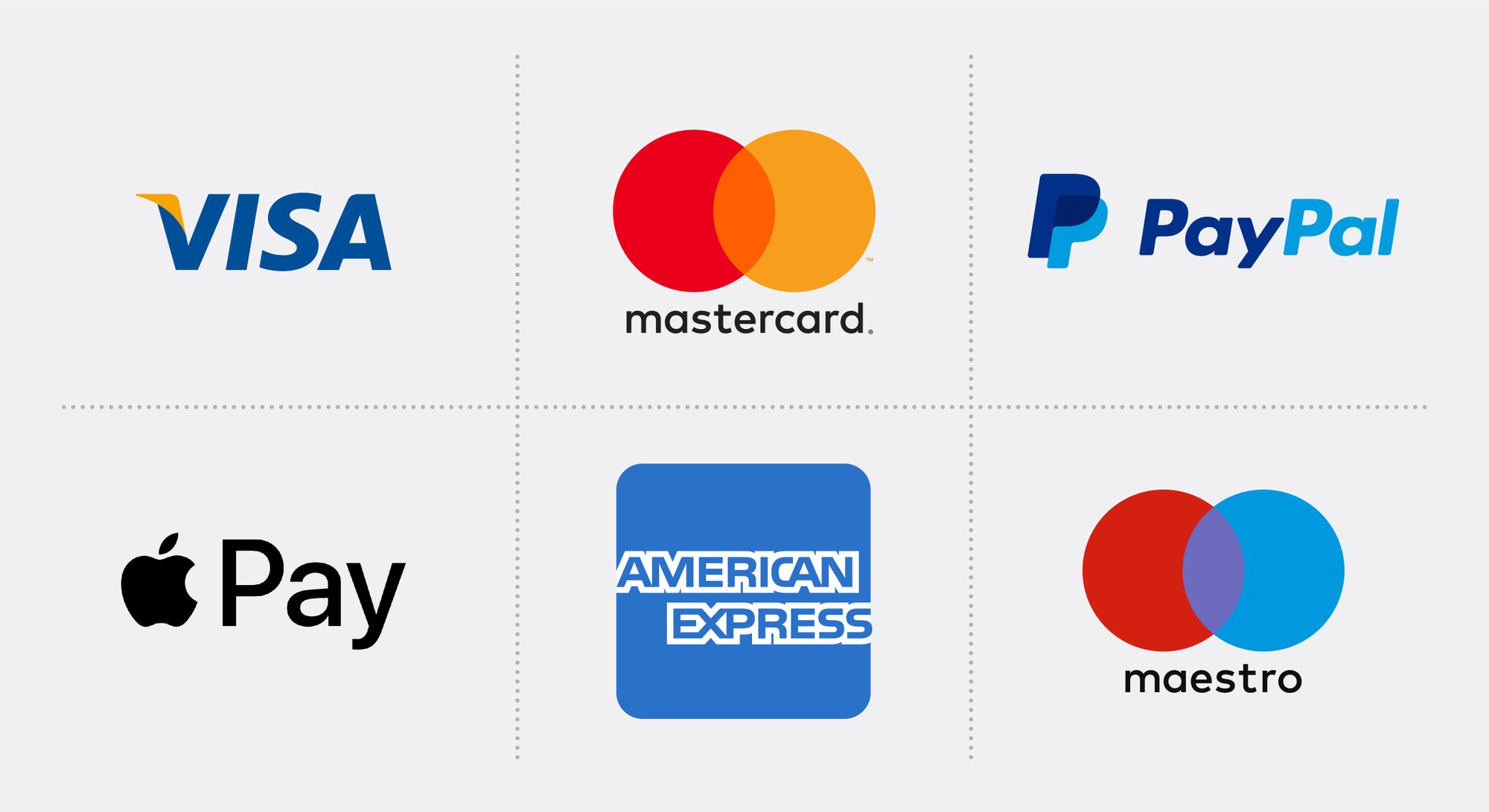 Examples of accepted payments trust badges: Visa, MasterCard, PayPal, Apple Pay, American Express, Maestro