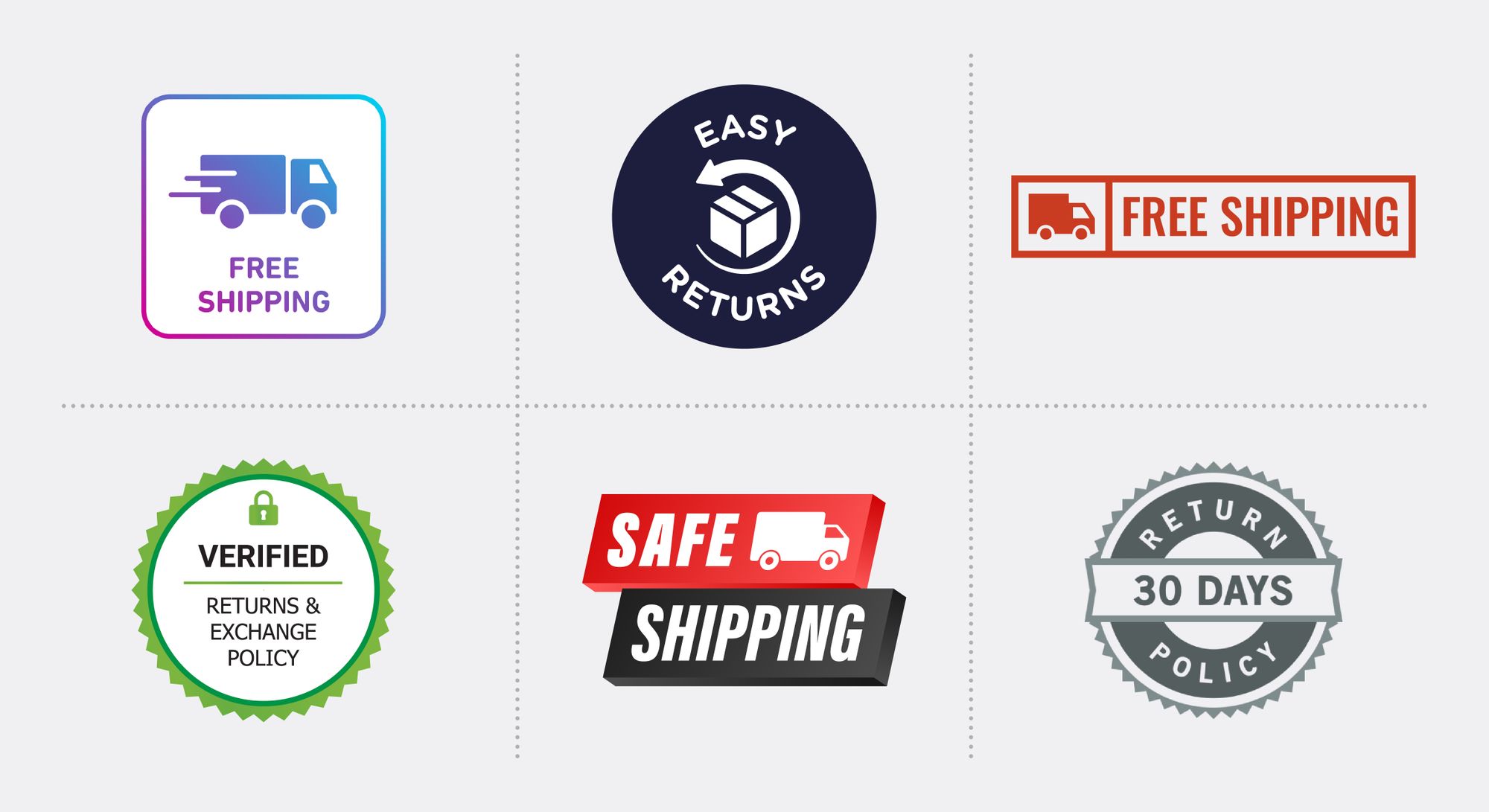 Examples of free shipping and returns trust badges: Free shipping, easy returns, verified returns and exchange policy, safe shipping, 30-day return policy