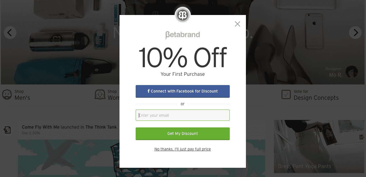 Example of Betabrand's 10-per-cent off welcome pop-up discount