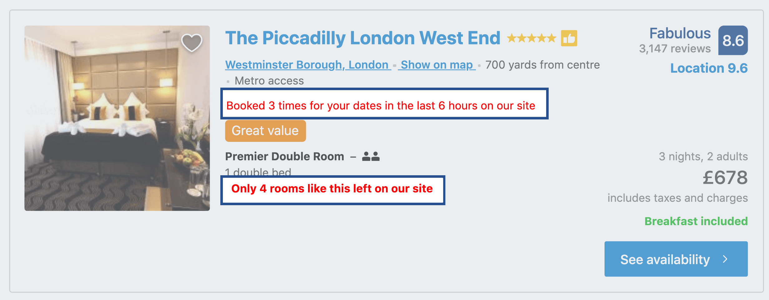 Example of social proof on a hotel booking website