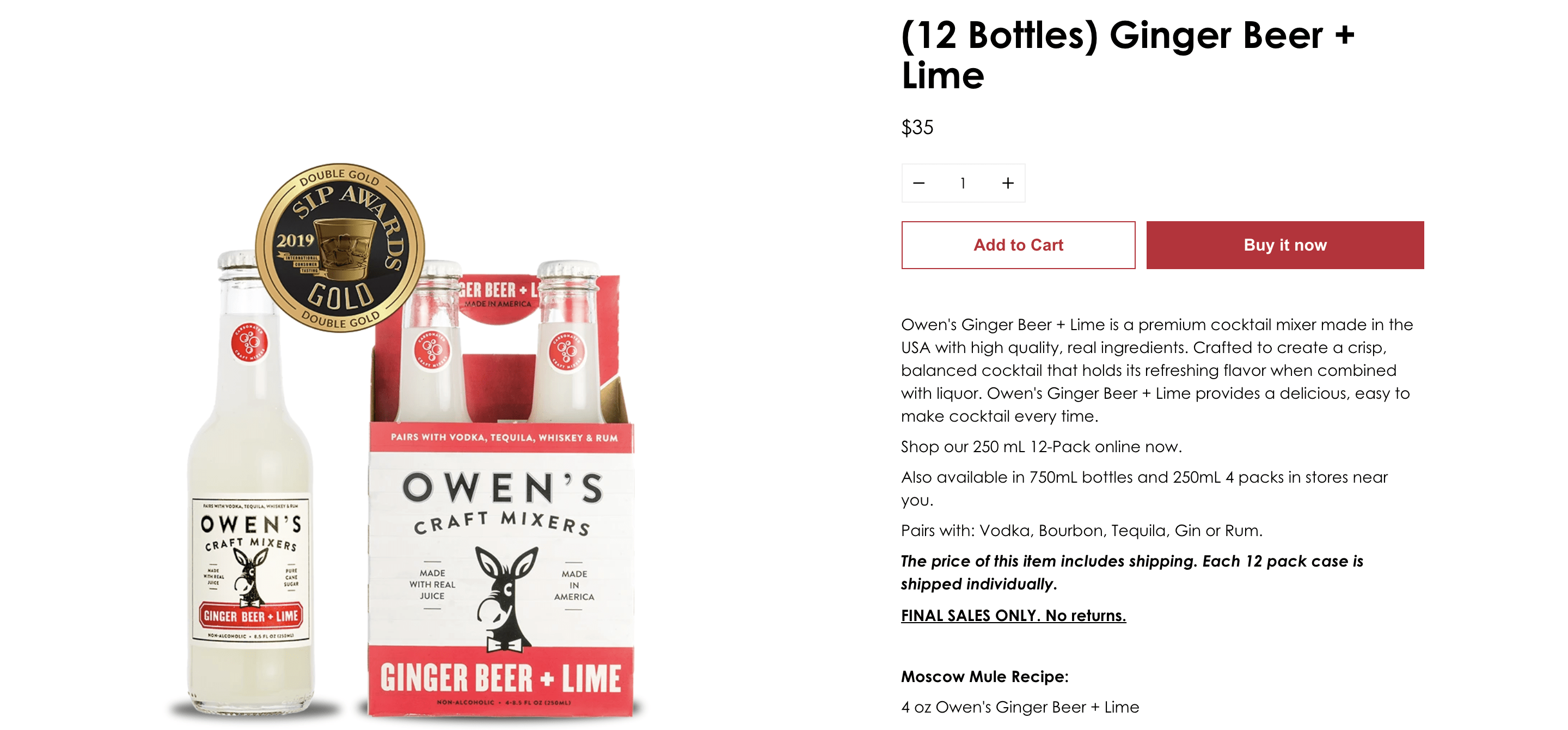 Example of strong CTA on Owen's Ginger Beer product listing