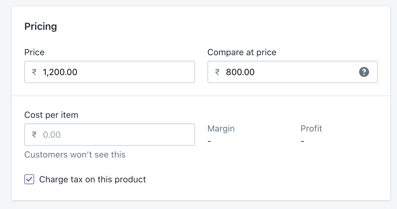 Pricing panel in Shopify