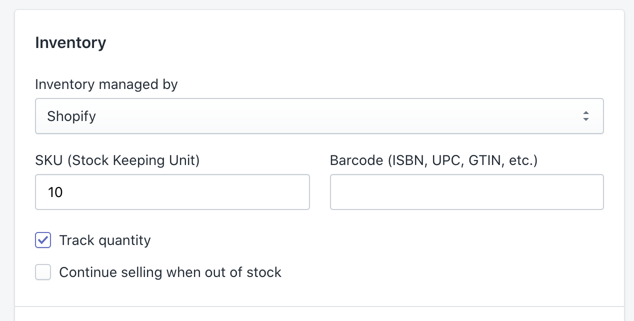 Inventory panel in Shopify