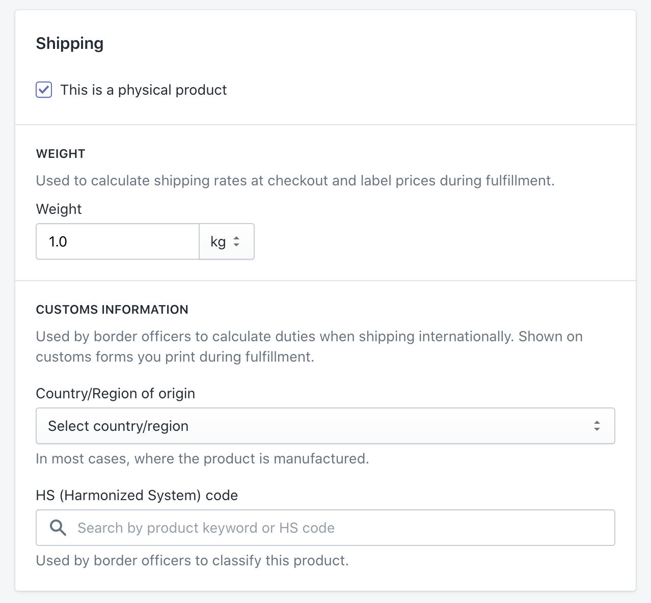 Shipping panel in Shopify