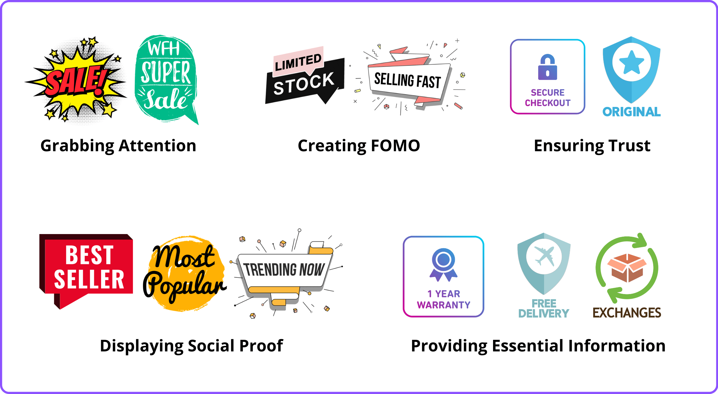Examples of ModeMagic badges that provide shopping cues