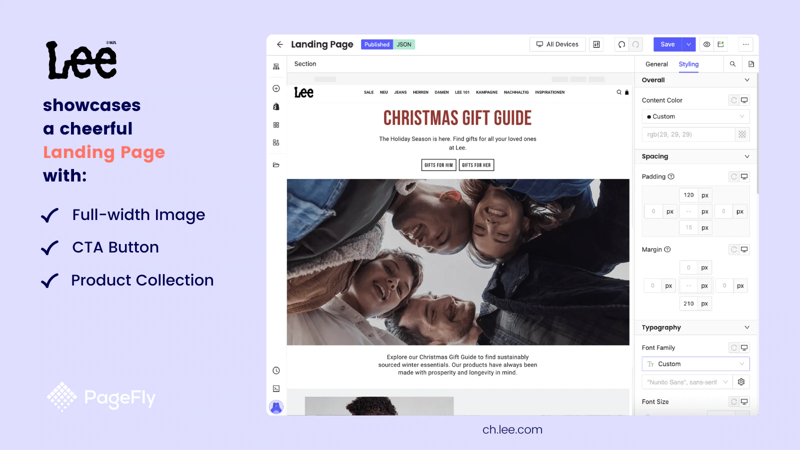 An image demonstrating Pagefly's landing page builderusing Lee's Christmas Gift Guide as an example