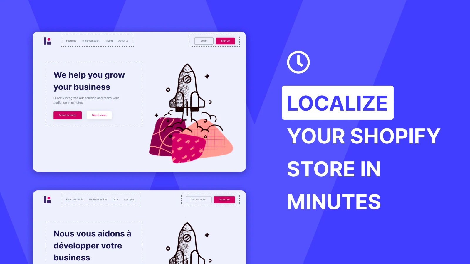 "Localize your Shopify store in minutes" next to a picture of Weglot's on-page localization tool