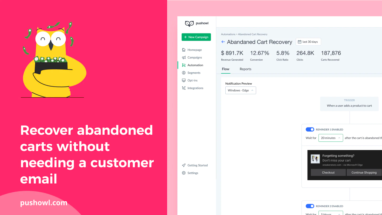"Recover abandoned carts without needing a customer email, pushowl.com" next to a picture of the PushOwl UI