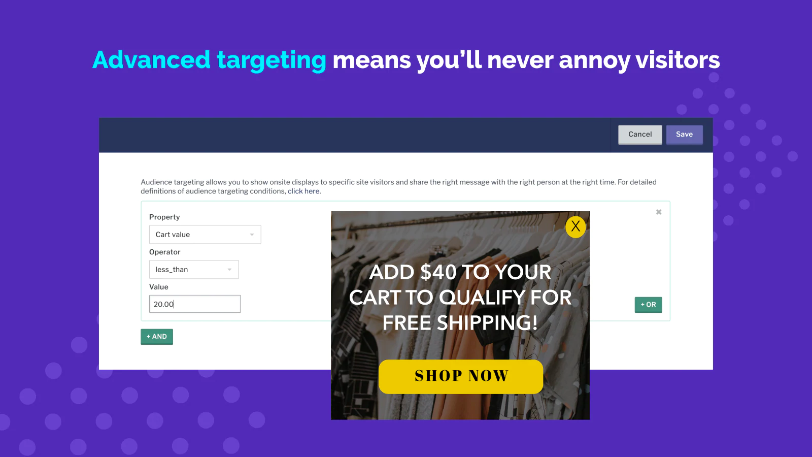 "Advanced targeting means you'll never annoy visitors" on top of Privy's advanced customer targeting tools.
