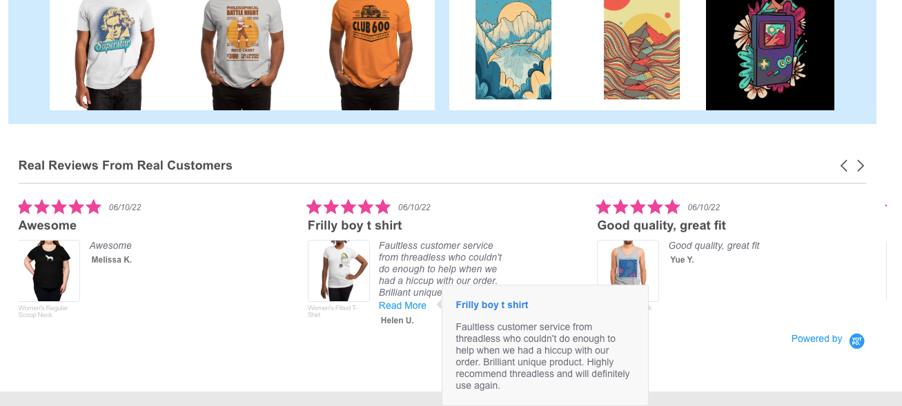 Website of Threadless.com shares customer reviews right on the home page.