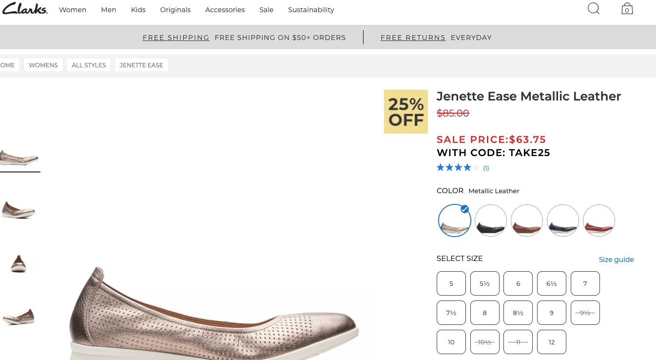 Clarks product page for Jenette Ease Metallic Leather Flats