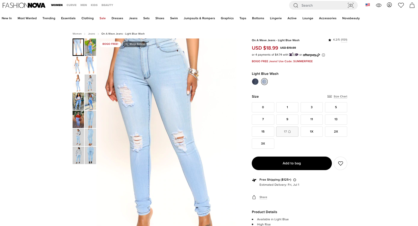 FashionNova website gives all details about the products - size, offers, shipping, etc.