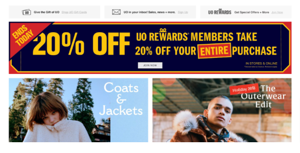 Example of Urban Outfitter's rewards program offering exclusive discounts to members.