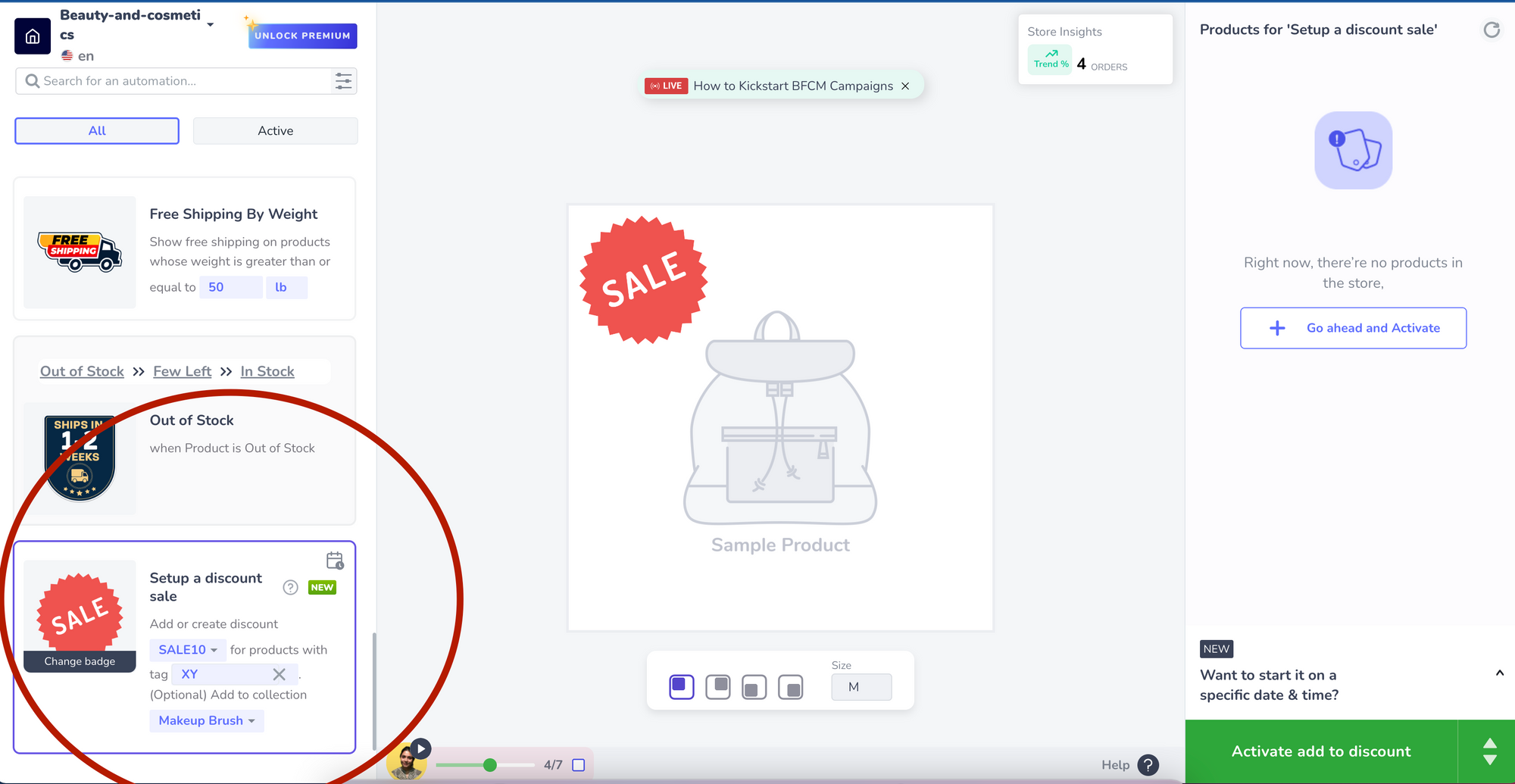 The Discount Sale editor with "Setup a discount sale" circled