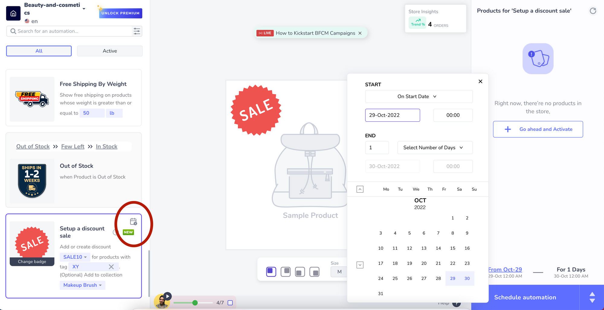 The Discount Sale editor with the calendar icon circled