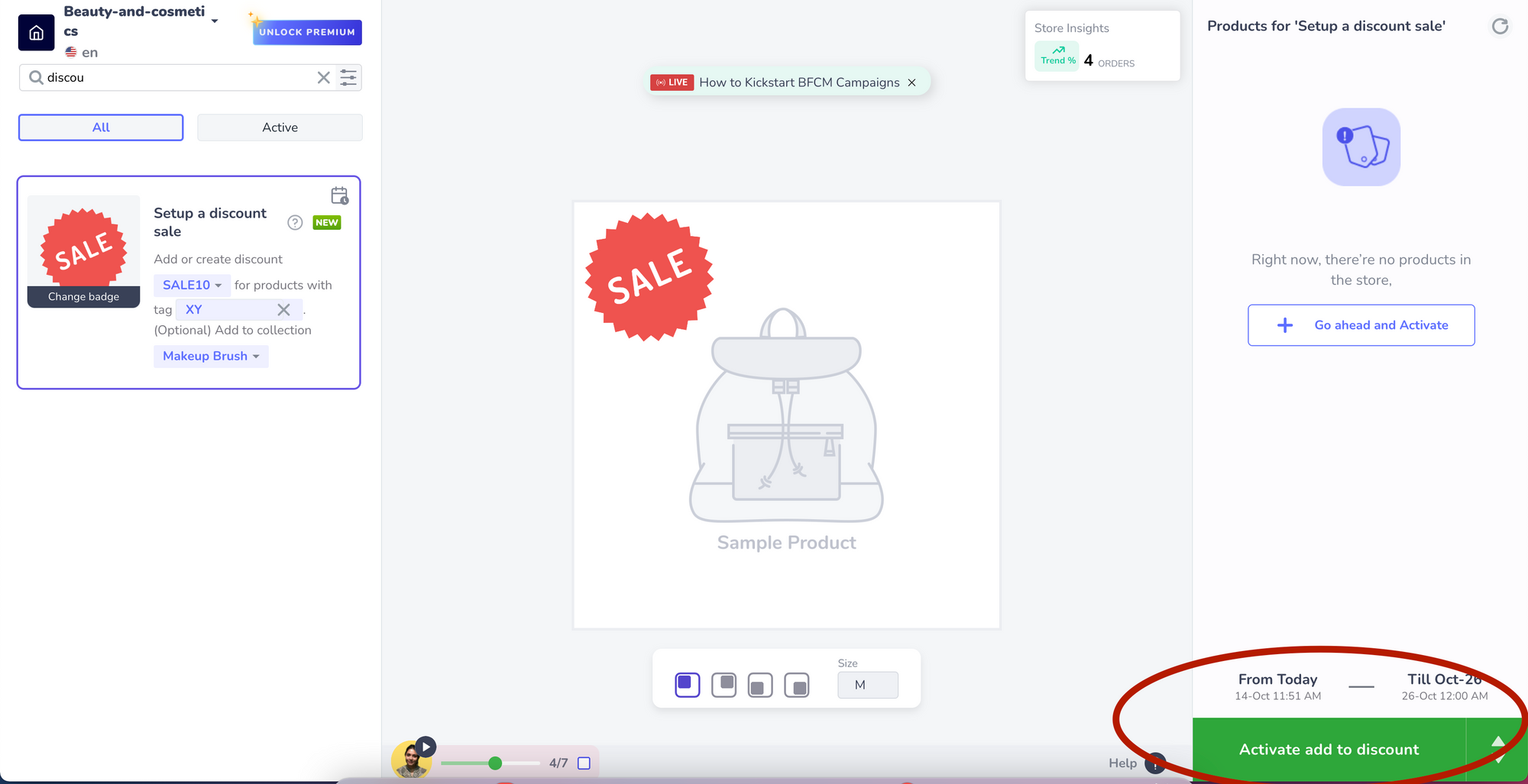 The Discount Sale editor with "Activate add to discount" circled