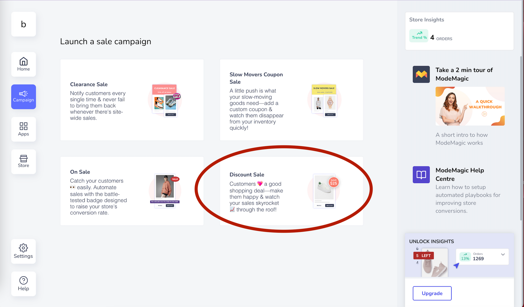 The Campaign section of the ModeMagic app with the Discount Sale module circled