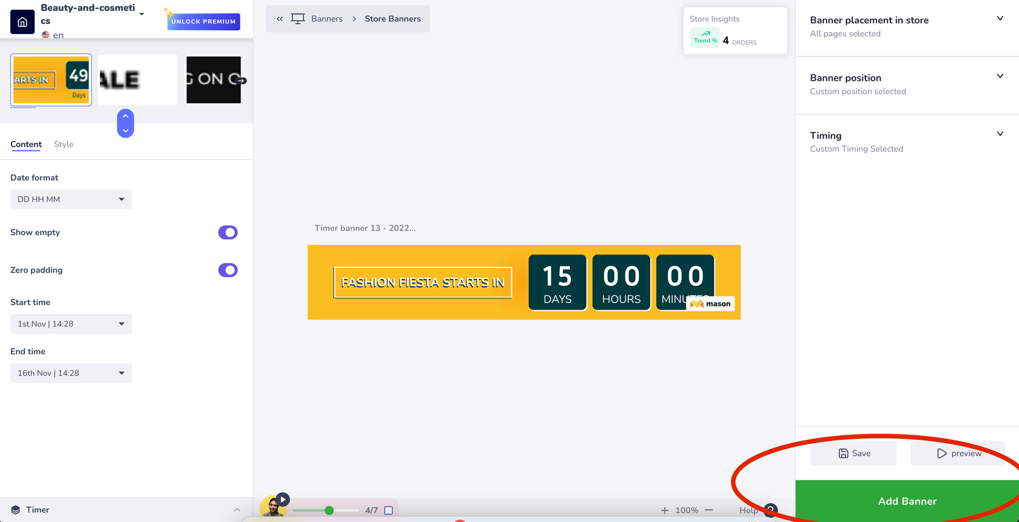 ModeMagic's Announcement Banner editor with the Add Banner button highlighted