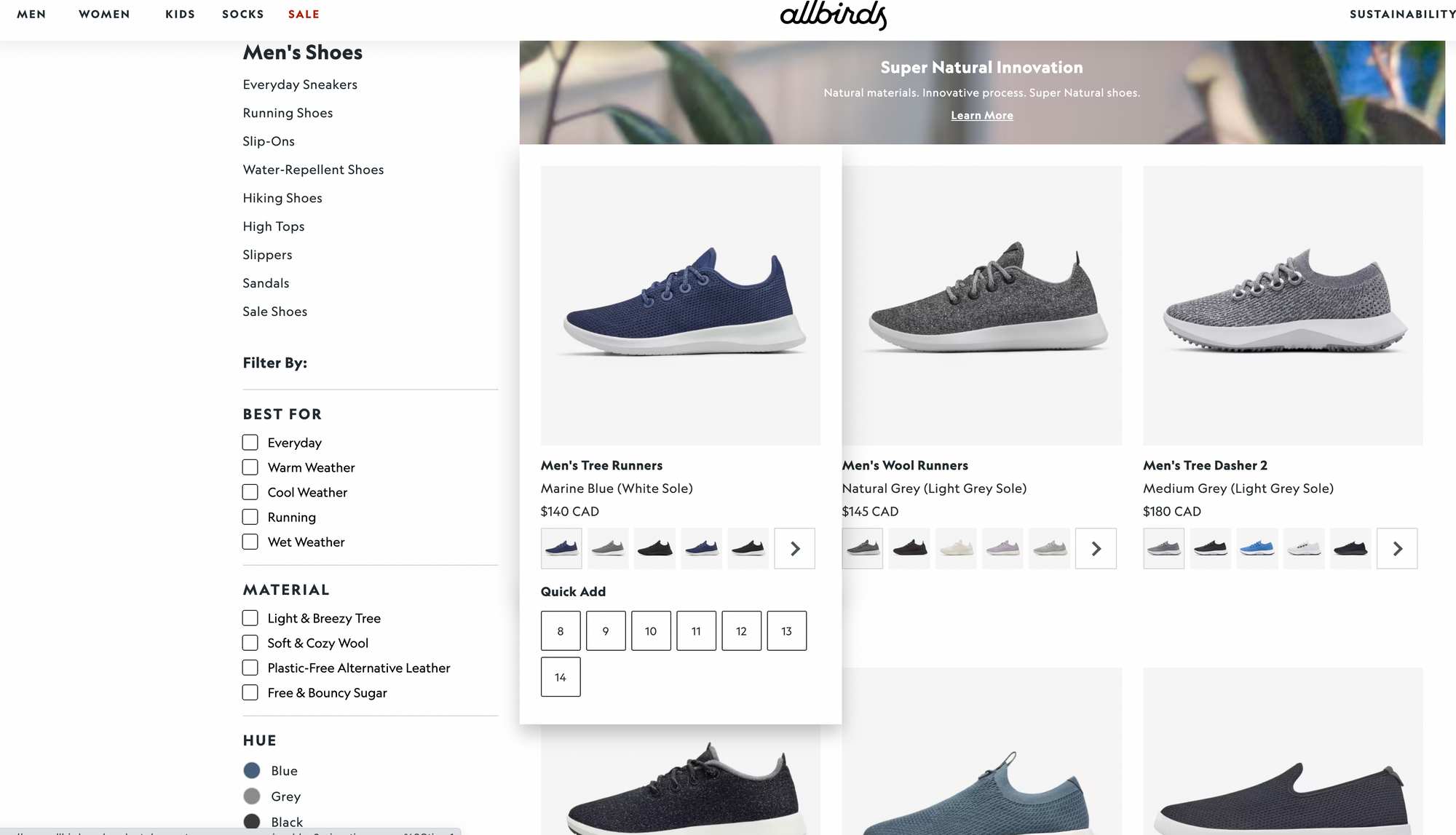 Allbirds uses filtered views on its product listing page to help customers find the products that best meet their needs.