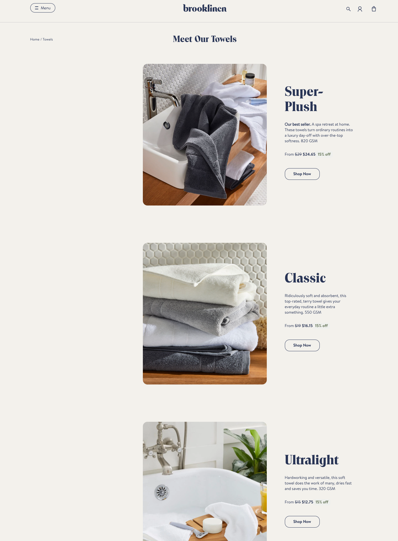 Brooklinen, a bedding and home goods brand, uses a list view to showcase their product sub-categories in a more detailed and informative way.