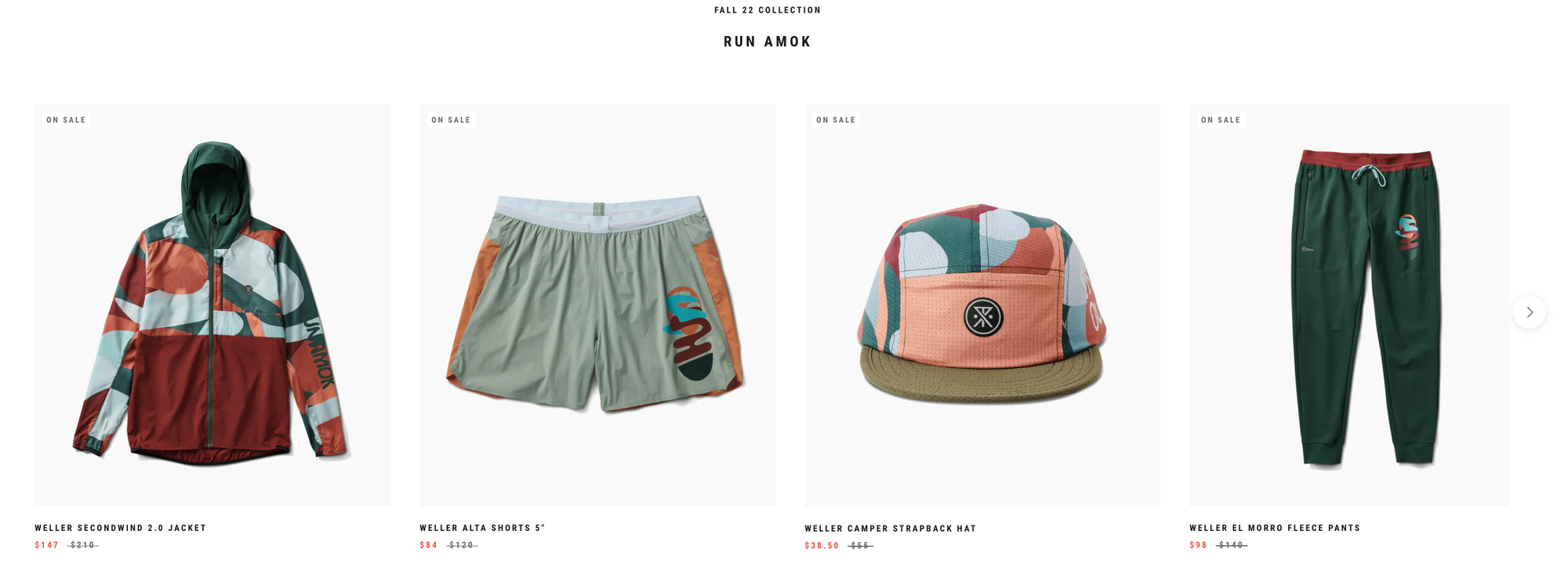 Run Amok, uses a carousel view to showcase products from their fall collection in a visually engaging way