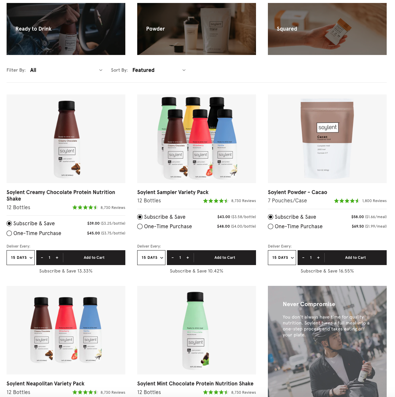 Soylent uses grid view to allow users to compare different flavors and SKU’s.