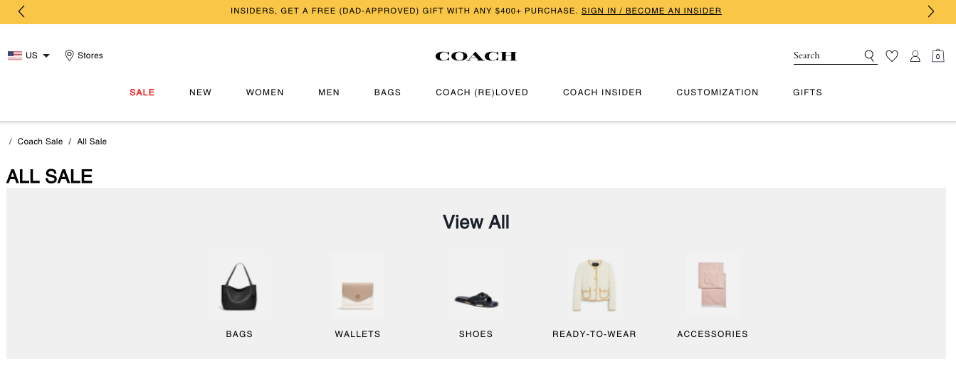 Popular brand Coach running an online sale on their website.