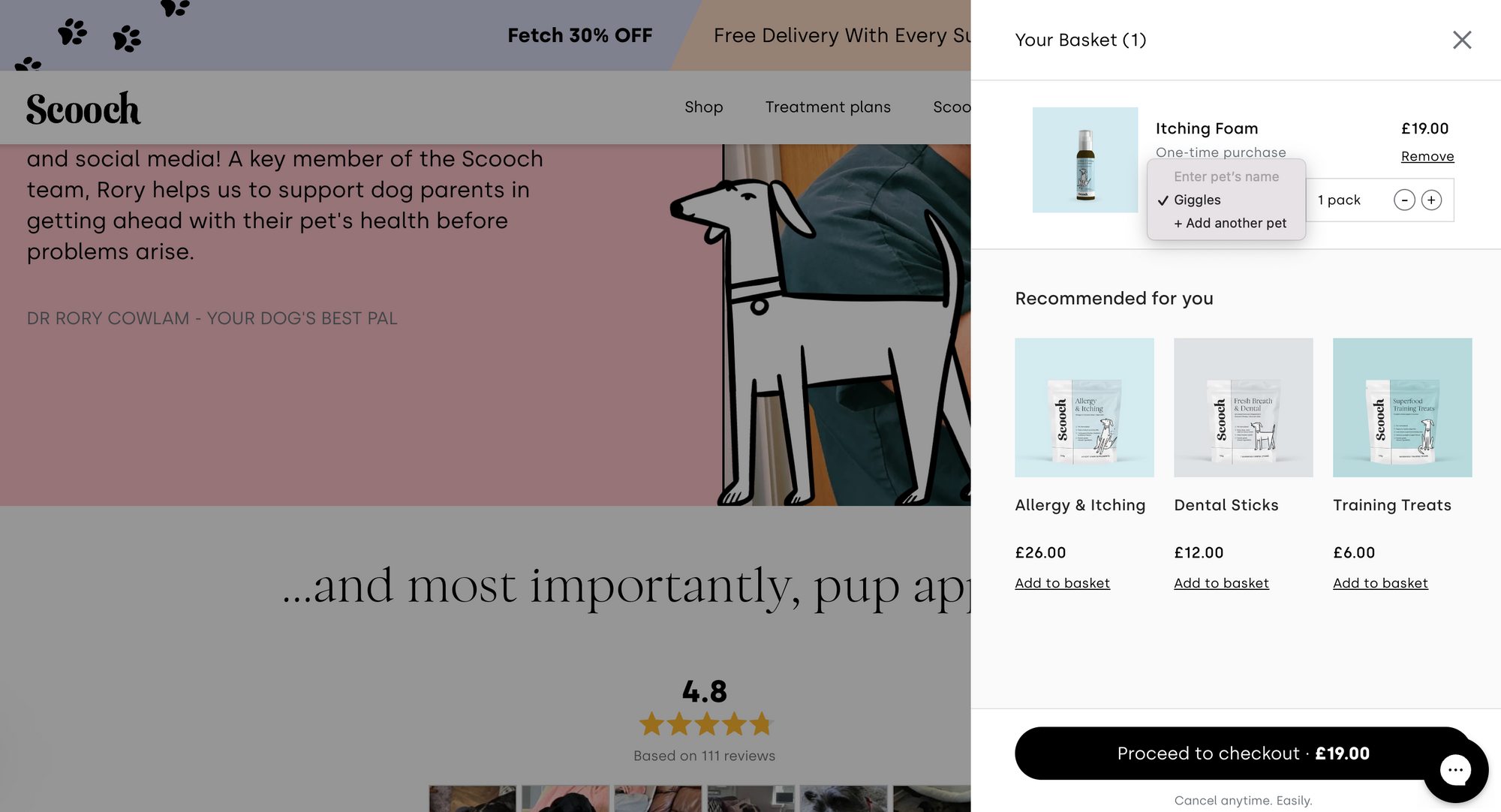Scooch, uses the cart page to ask customers the name of the pet they are purchasing for
