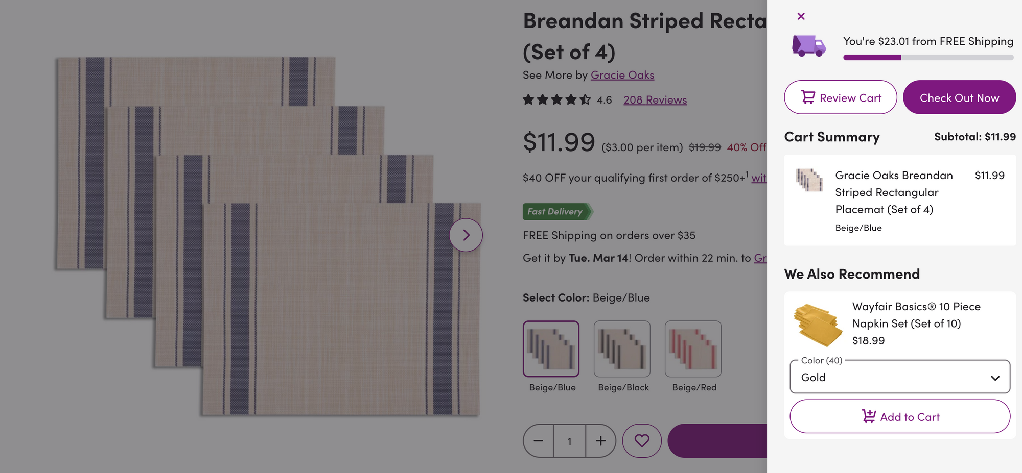 Wayfair uses their cart to cross-sell recommended items